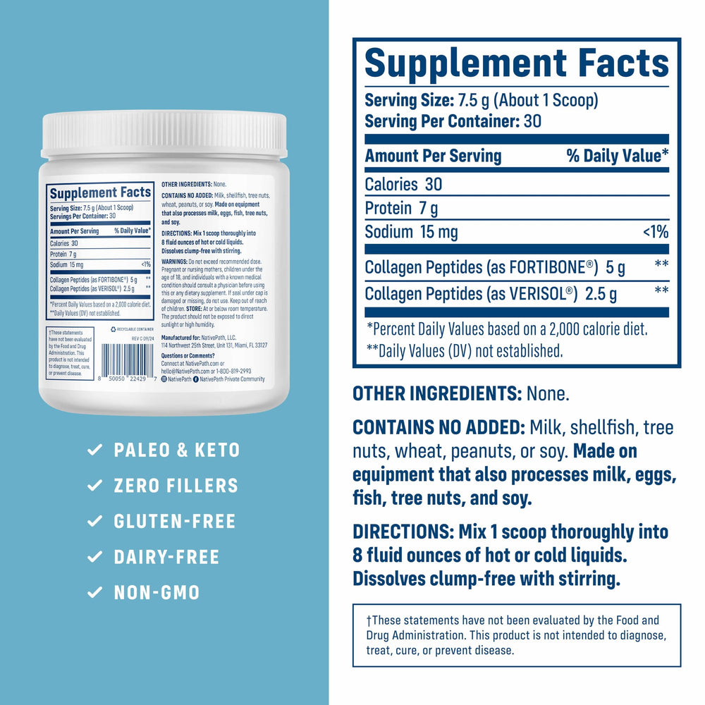 NativePath Bone Health label close-up shows clean formula and two-ingredient collagen blend.