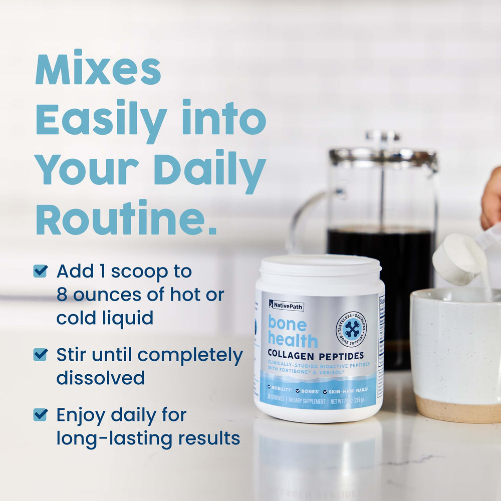 NativePath bone-health-powder-in-glass depicts powder dissolving for smoothies and beverages.