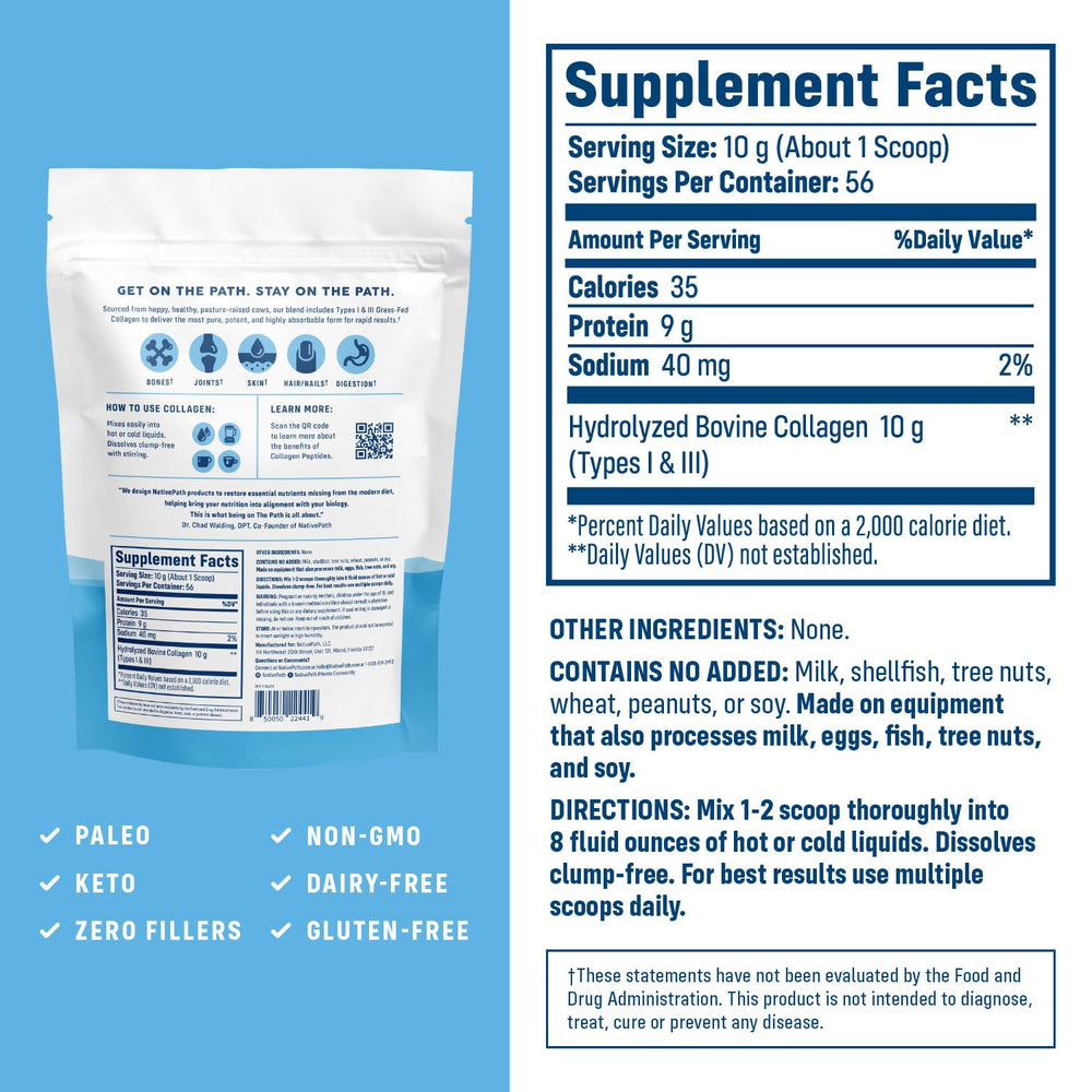 NativePath Collagen Peptides container label closeup highlights ingredients and purity.
