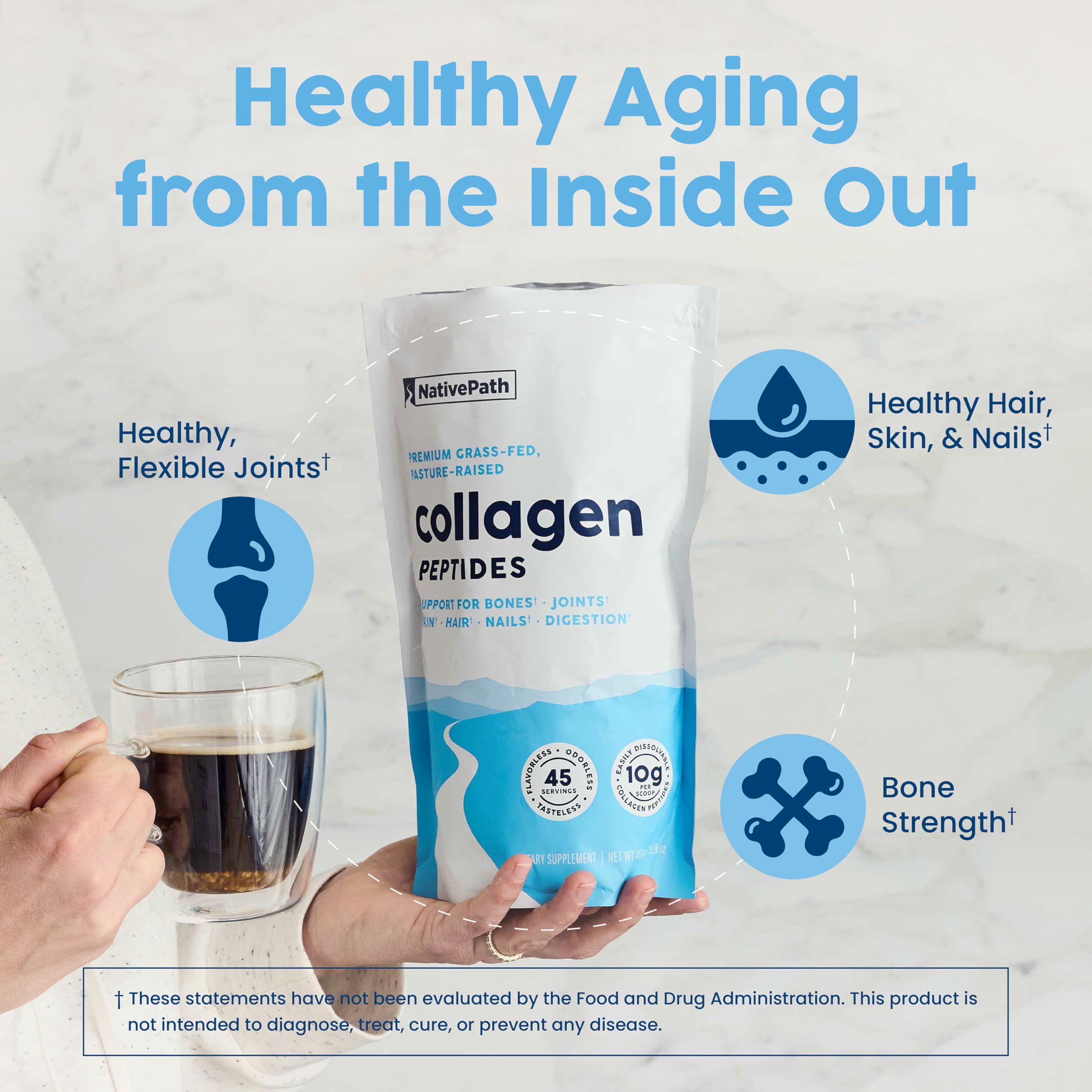 Glass with water and collagen for a simple wellness ritual.