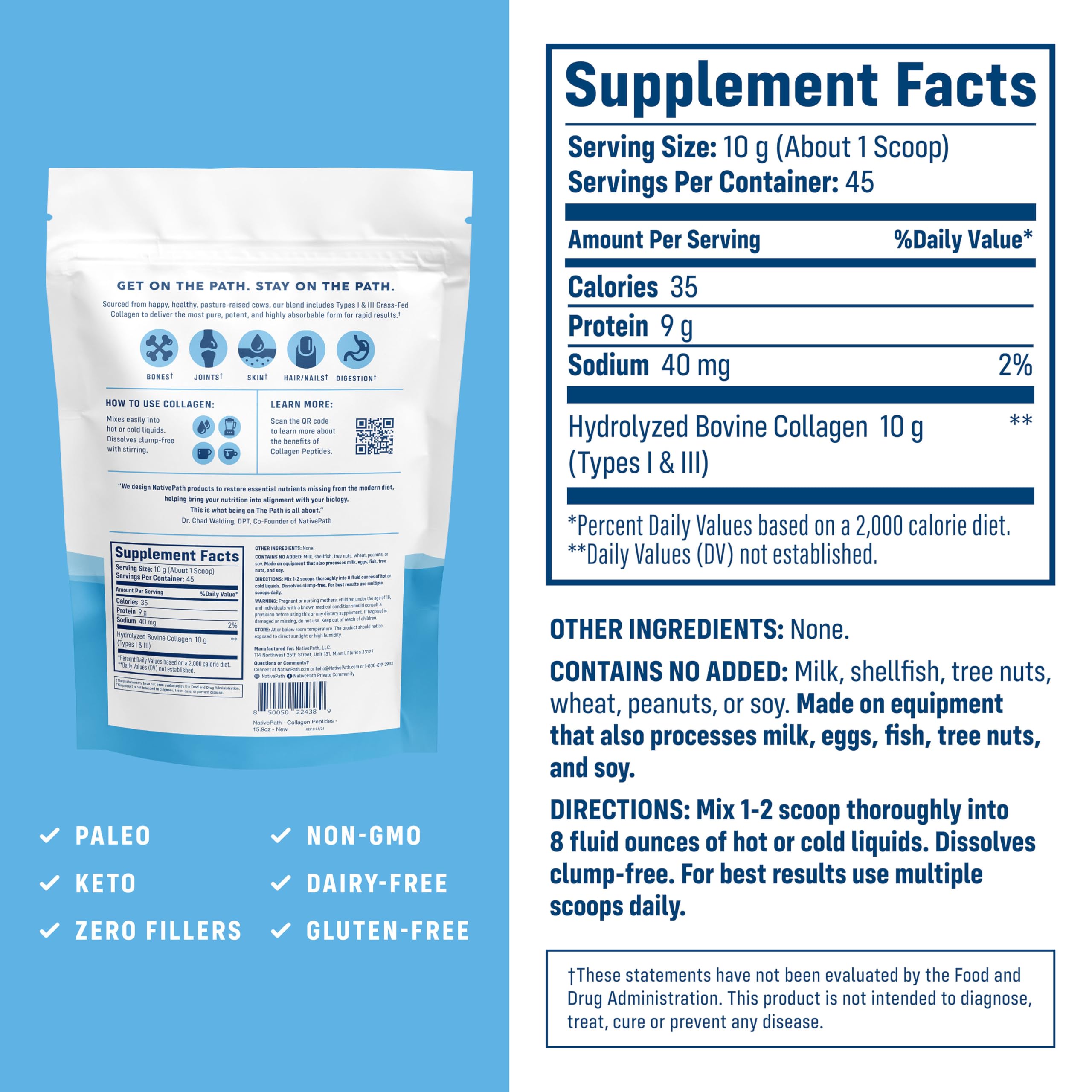 Scoop of NativePath Collagen Peptides shows 10 g protein per serving.