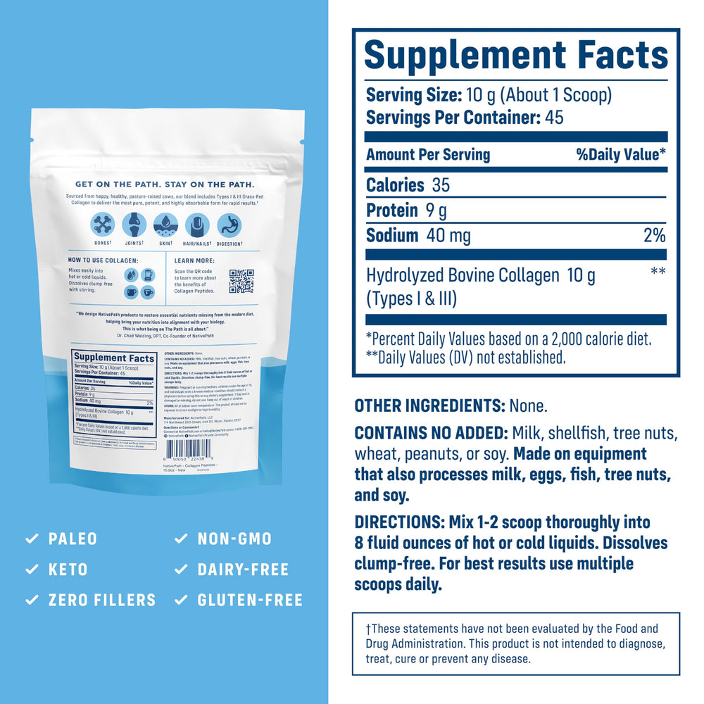 Scoop of NativePath Collagen Peptides shows 10 g protein per serving.