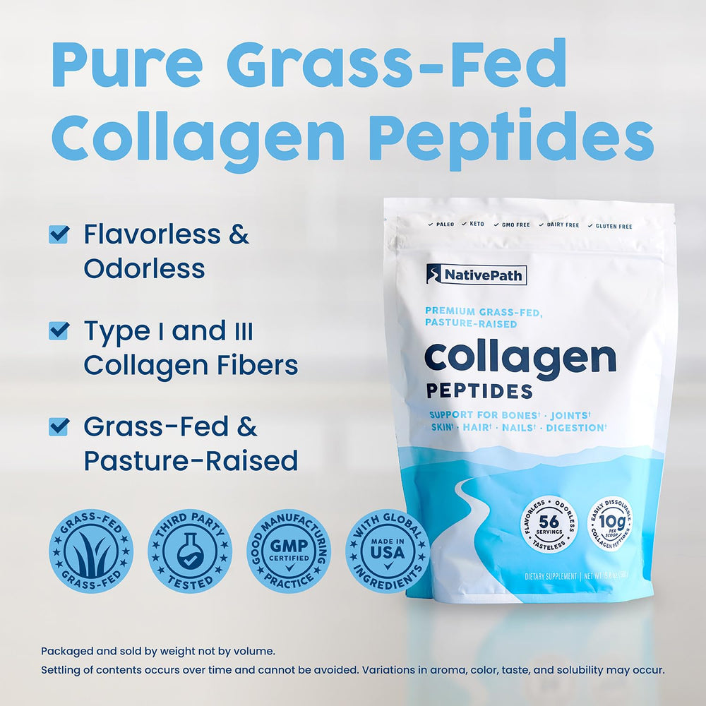 NativePath Collagen Peptides scoop dispensing powder for convenient mixing.