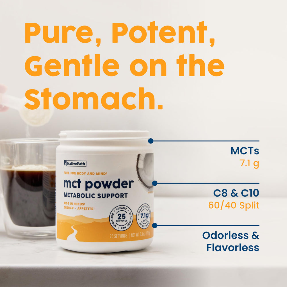 NativePath MCT Powder label highlights non-GMO, dairy-free, gluten-free features.