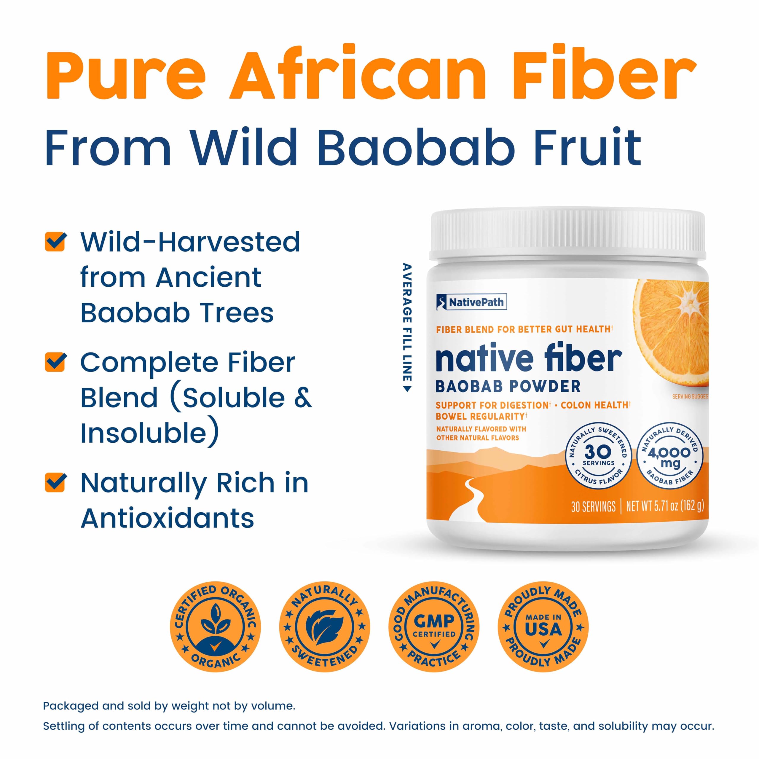 NativePath Baobab Organic Prebiotic Powder orange flavor packaging.