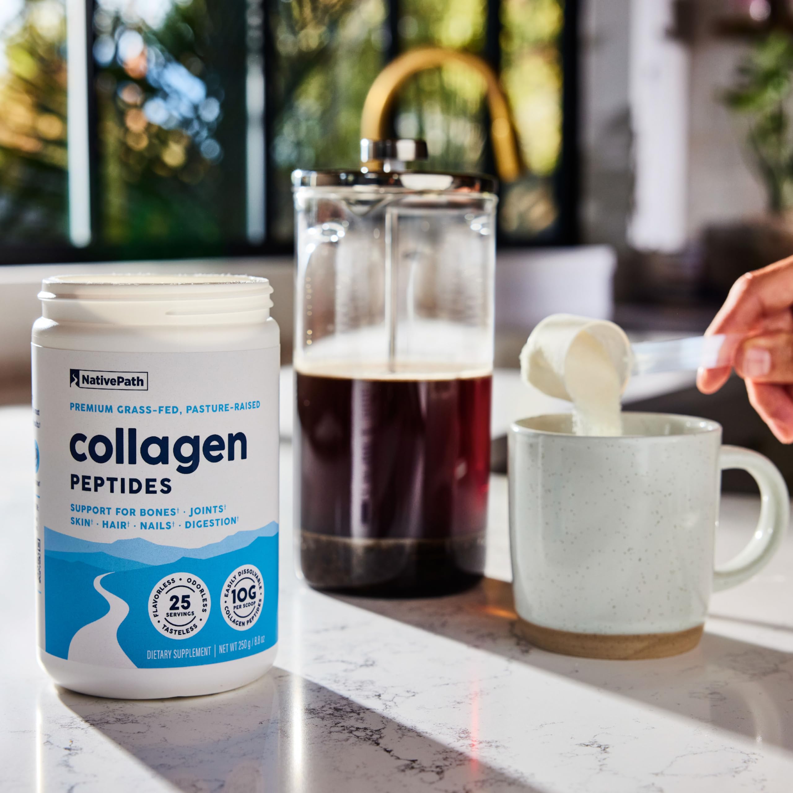 NativePath Collagen Peptides closeup powder focusing on high purity from pasture-raised sources