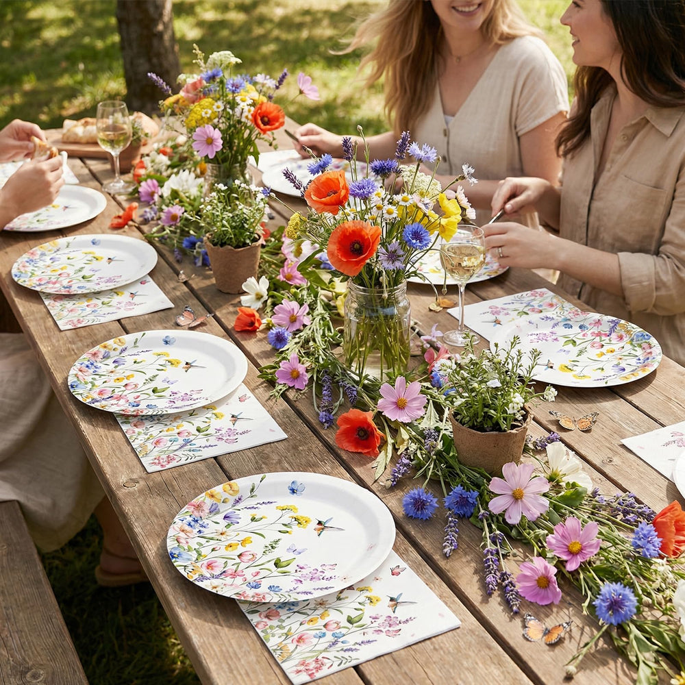 NatNarr baby shower decor using floral plates and napkins.