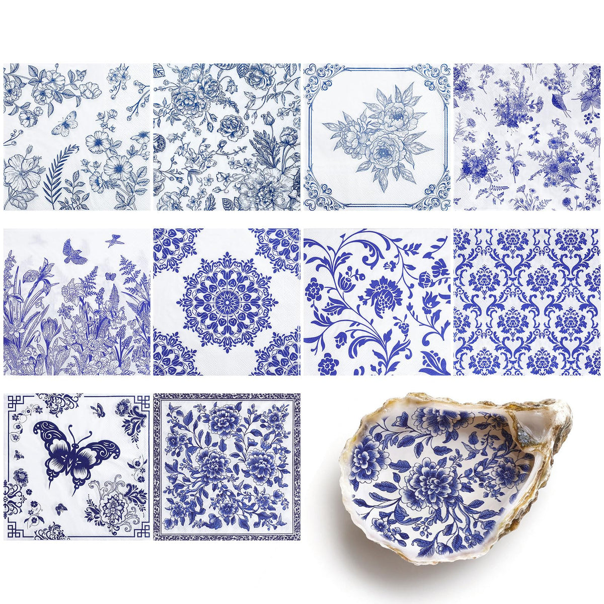 NatNarr blue white floral decoupage napkins close up for vibrant crafts