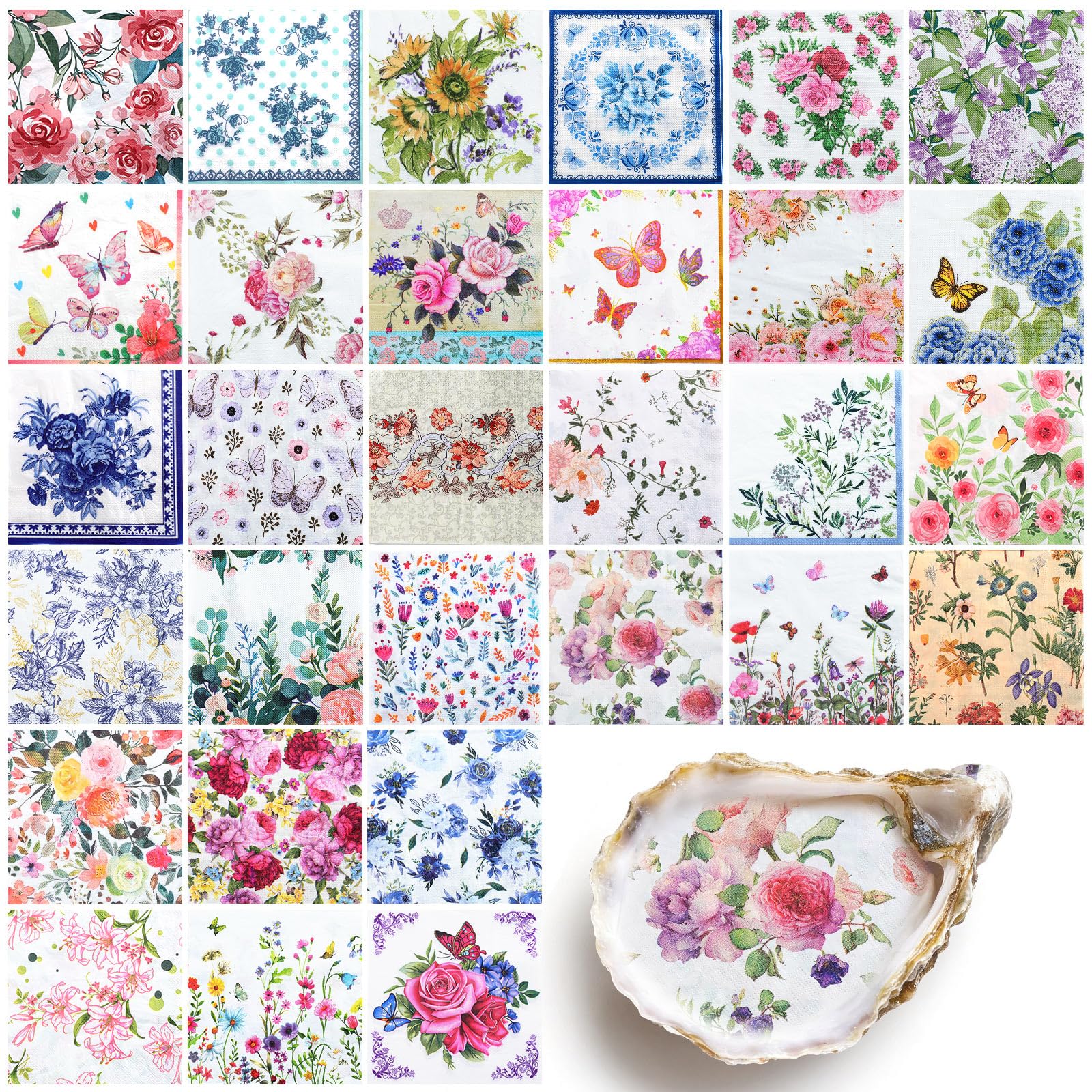 NatNarr 30-pack decoupage napkins with floral chinoiserie designs for creative crafts and DIY decor