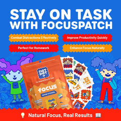 NATPAT Focus Patch packaging emphasizes chemical-free, kid-friendly design.