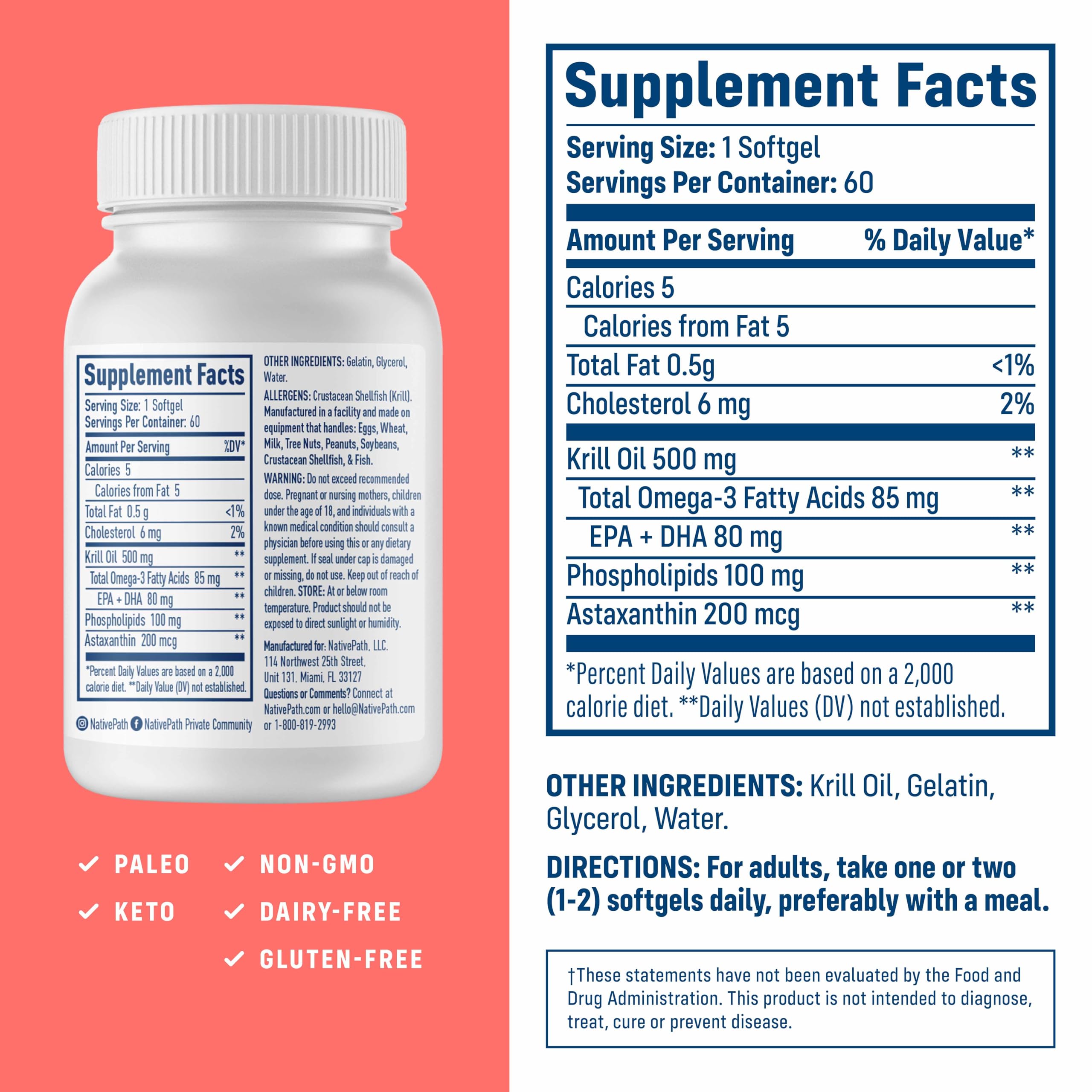 NativePath Krill Oil softgels closeup shows easy-to-swallow capsules with no fishy aftertaste.