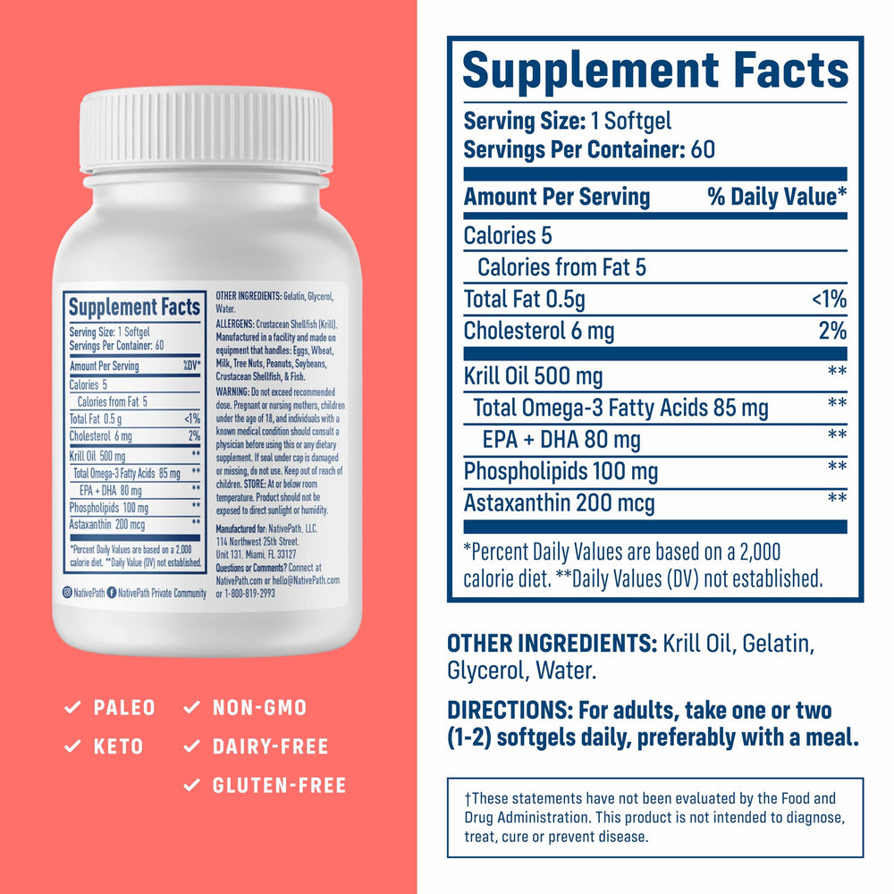 NativePath Krill Oil softgels closeup shows easy-to-swallow capsules with no fishy aftertaste.