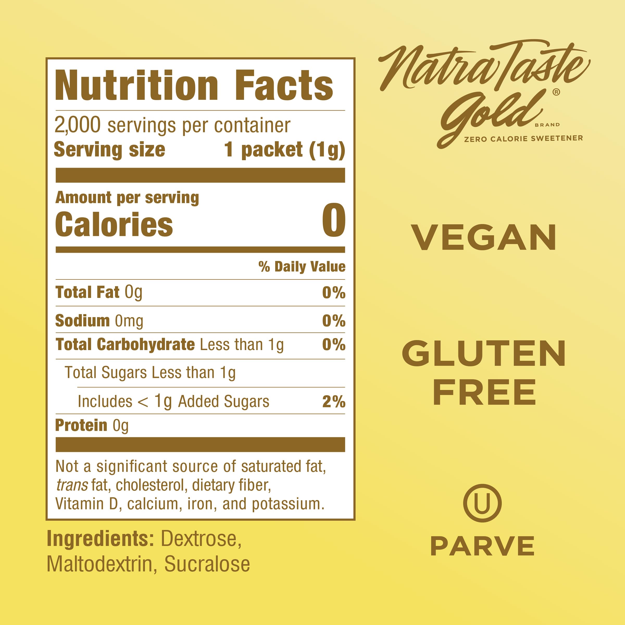 NatraTaste Gold baking packets provide 1:1 sweetness with zero calories.