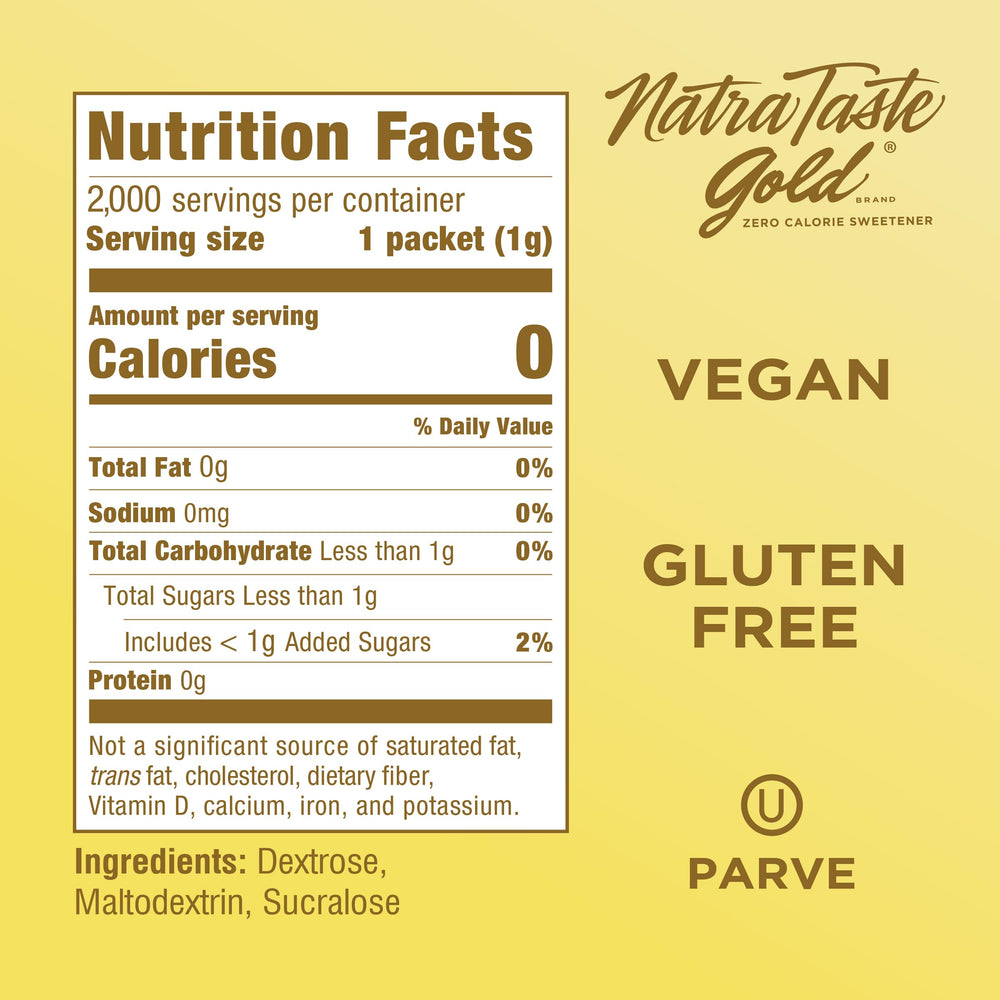 NatraTaste Gold baking packets provide 1:1 sweetness with zero calories.