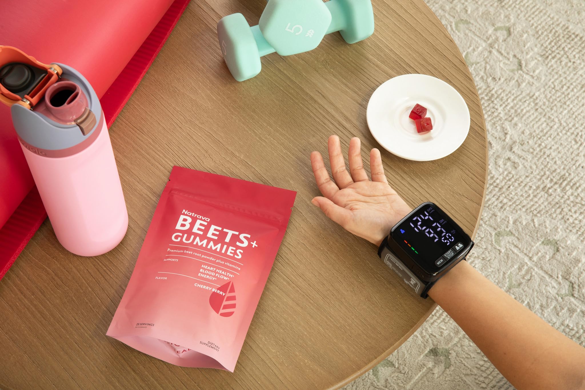 Vibrant gummies with brand seal emphasizing vegan and non-GMO