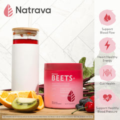 Natrava Beets+ powder jar highlights organic beetroot for heart-friendly routines.