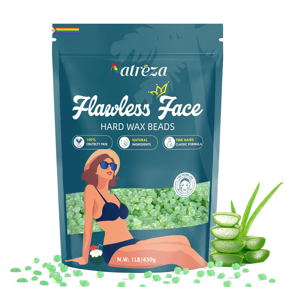 Natreza hard wax beads for face application provide gentle, precise hair removal with Aloe Vera.