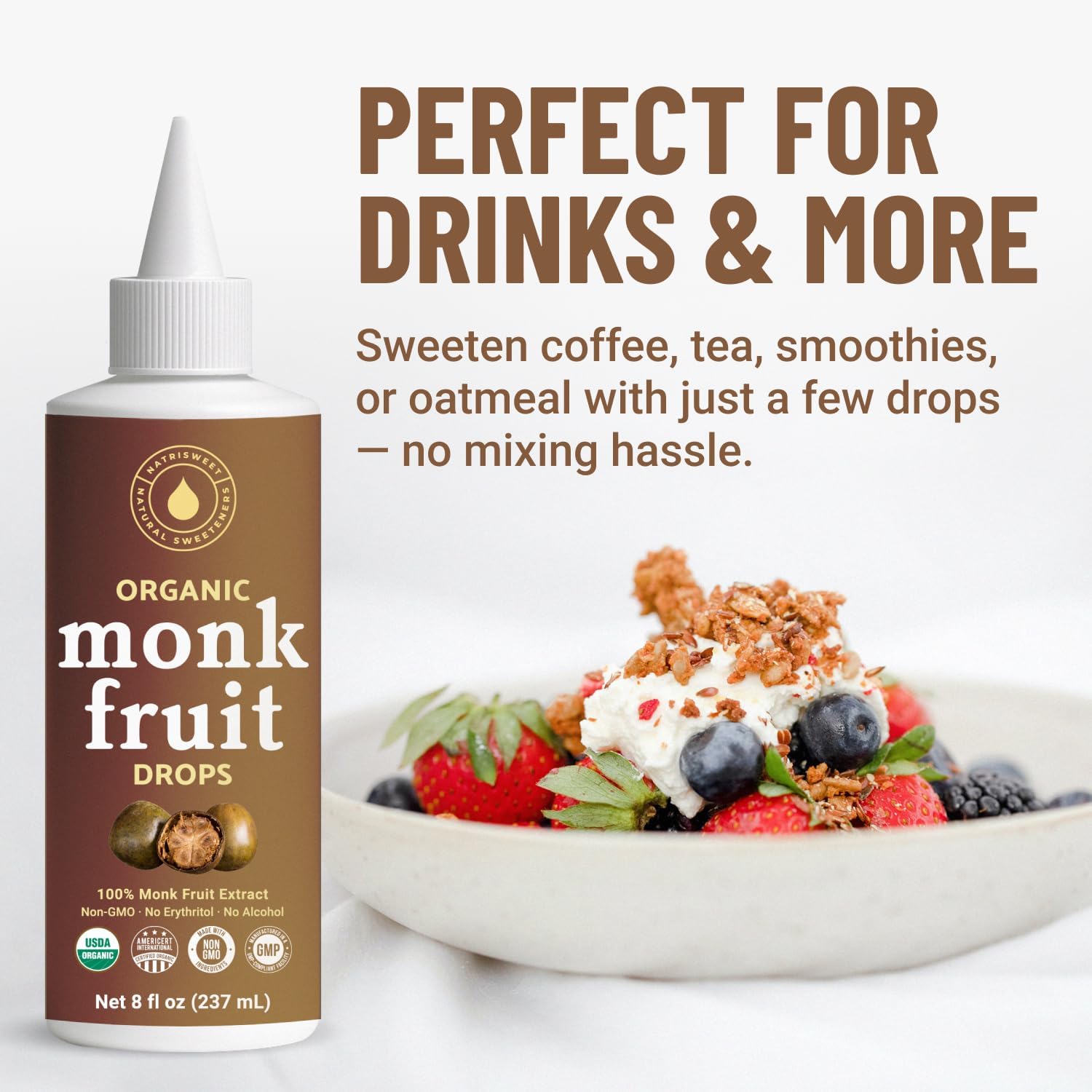 NatriSweet monk fruit liquid used in baking for sugar-free sweetness in recipes.
