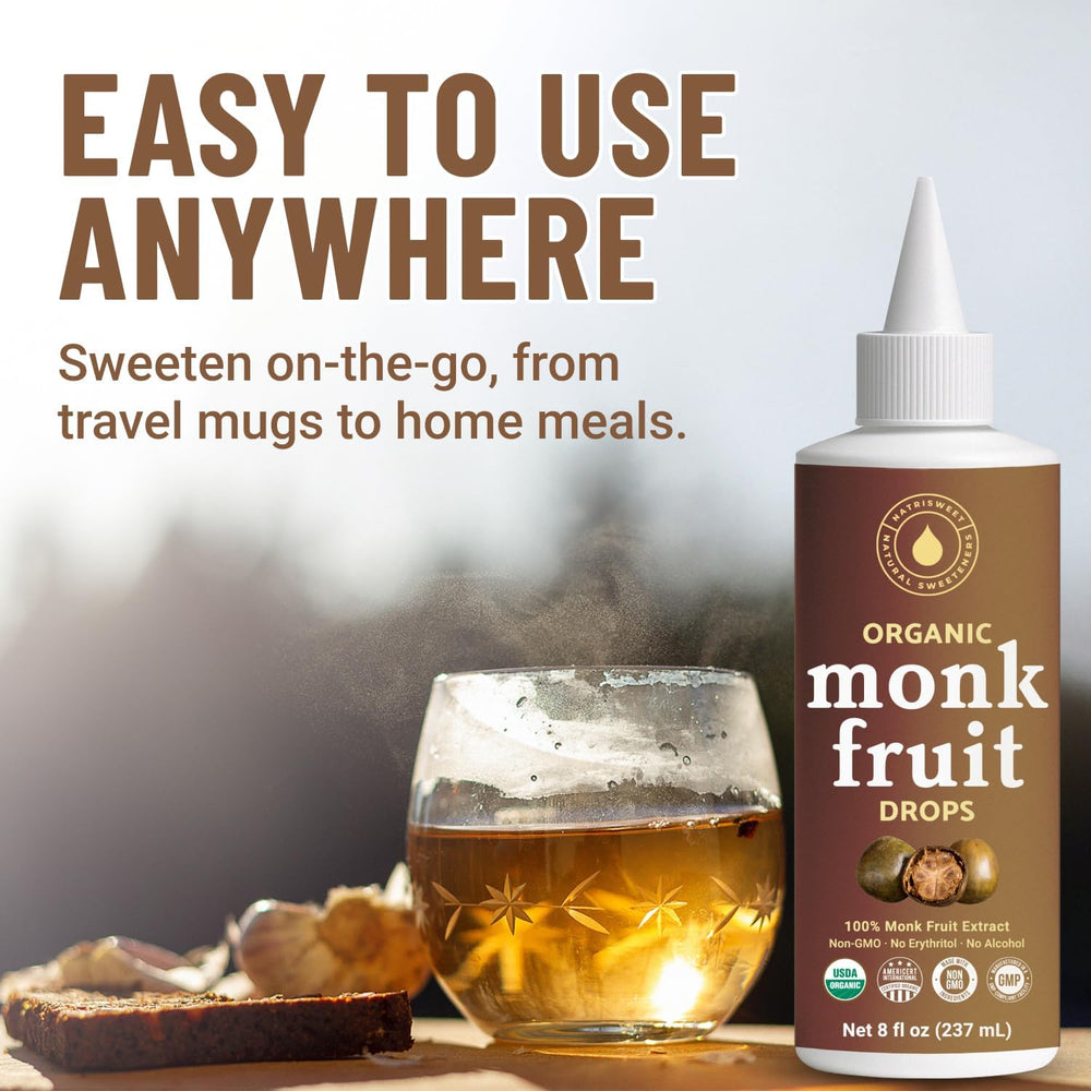NatriSweet monk fruit liquid on-the-go bottle for convenient daily sweetness.