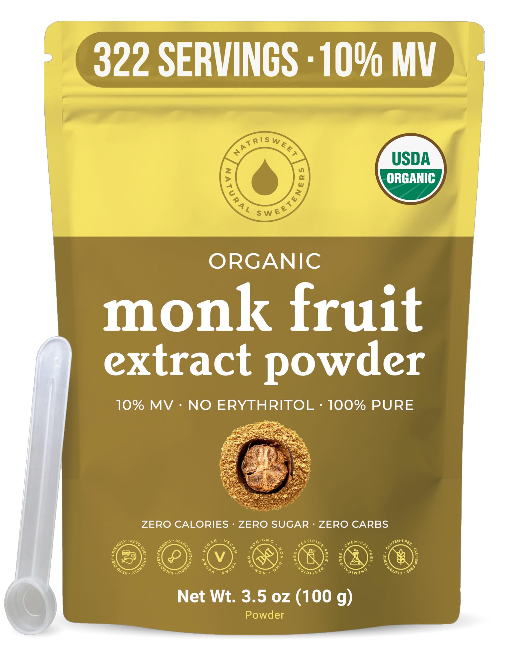 NatriSweet organic monk fruit powder bottle showing zero-calorie sweetness for beverages