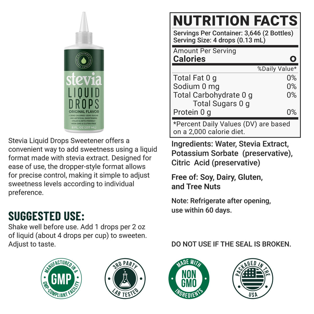 Two-pack NatriSweet stevia drops on kitchen counter for easy use.