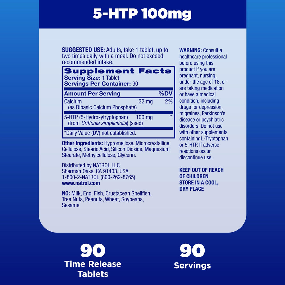 Natrol 5-HTP dispensing bottle shown for convenient daily use on the go.