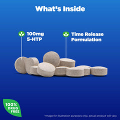 Natrol 5-HTP ingredients label highlights vegetarian formula and allergen-free profile.