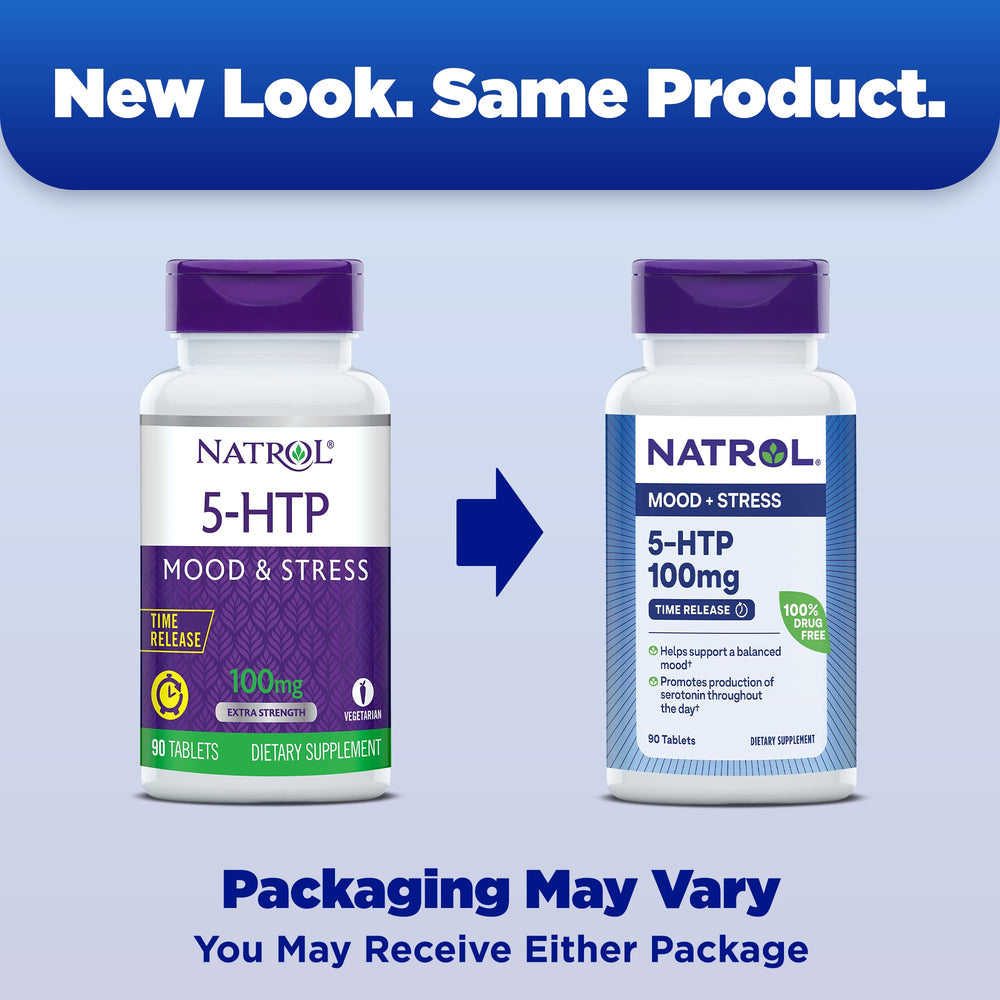 Natrol 5-HTP time-release tablets visible for steady serotonin support throughout the day.