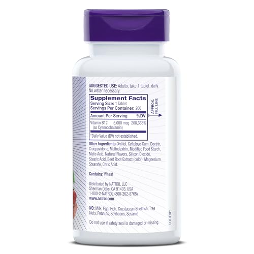 Natrol B12 5000 mcg bottle back highlighting ingredients