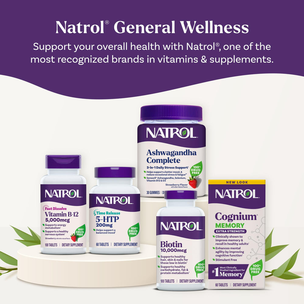 Natrol B12 bottle packaging closeup with branding and easy-to-take tablets.