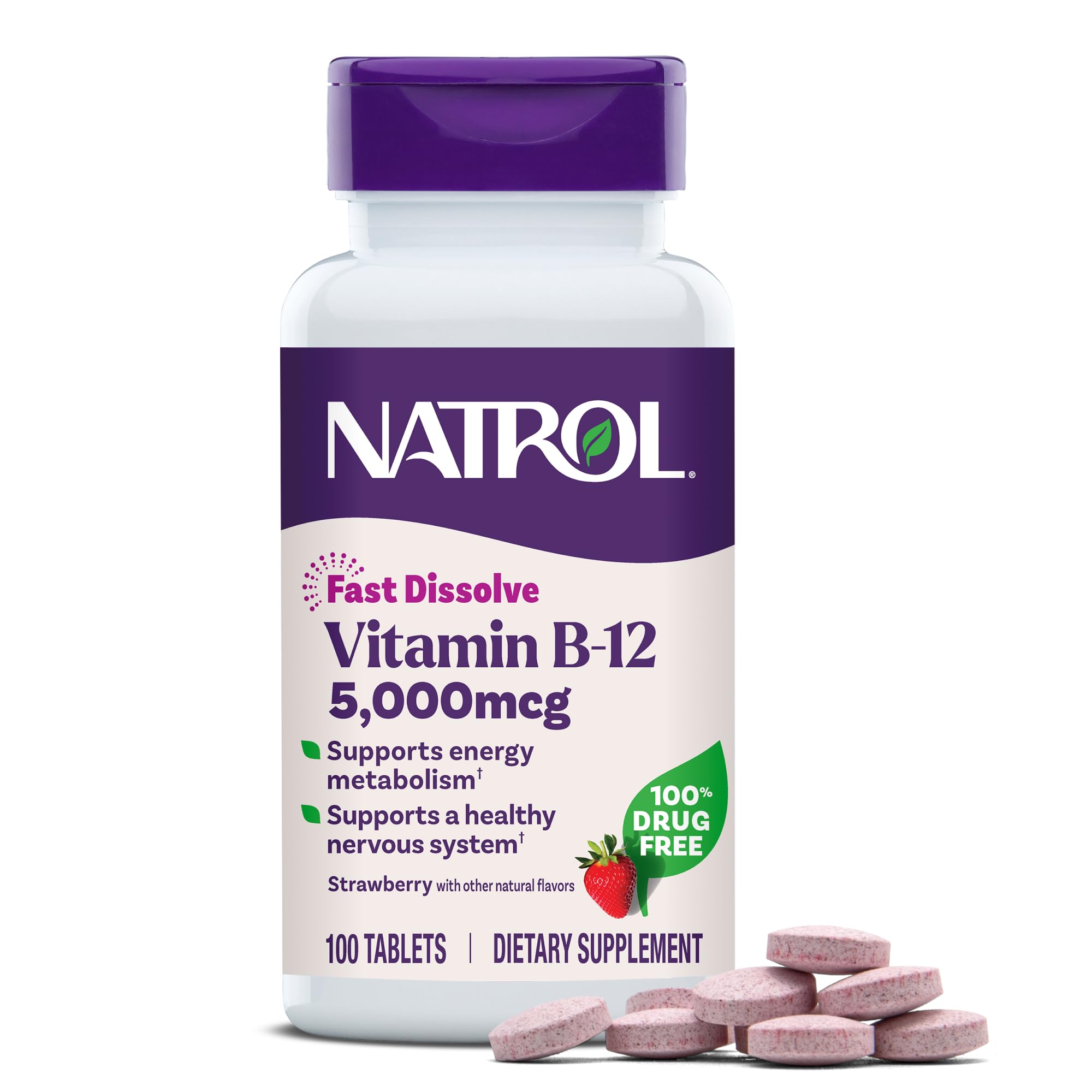 Natrol B12 fast dissolve tablet ready for on-the-go use to support energy.
