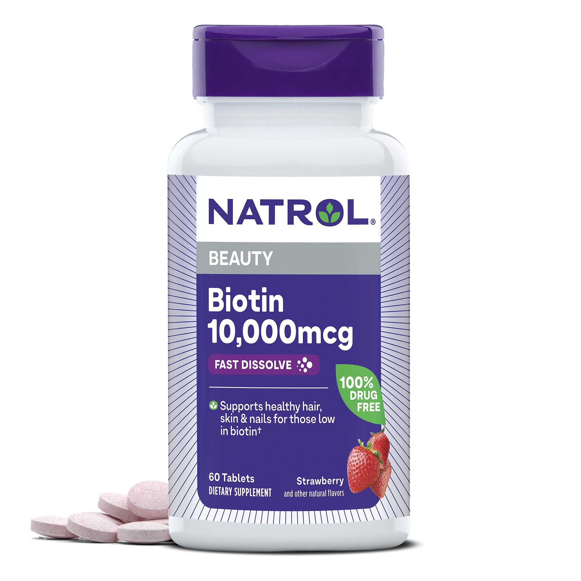 Natrol Biotin 10000mcg fast dissolve bottle for convenient daily beauty support