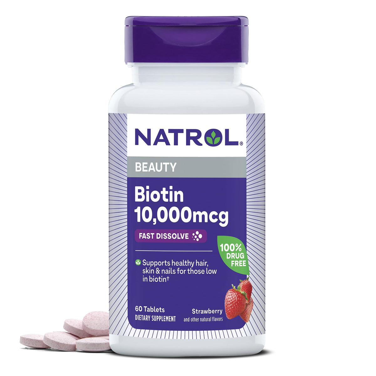 Natrol Biotin 10000mcg fast dissolve bottle for convenient daily beauty support