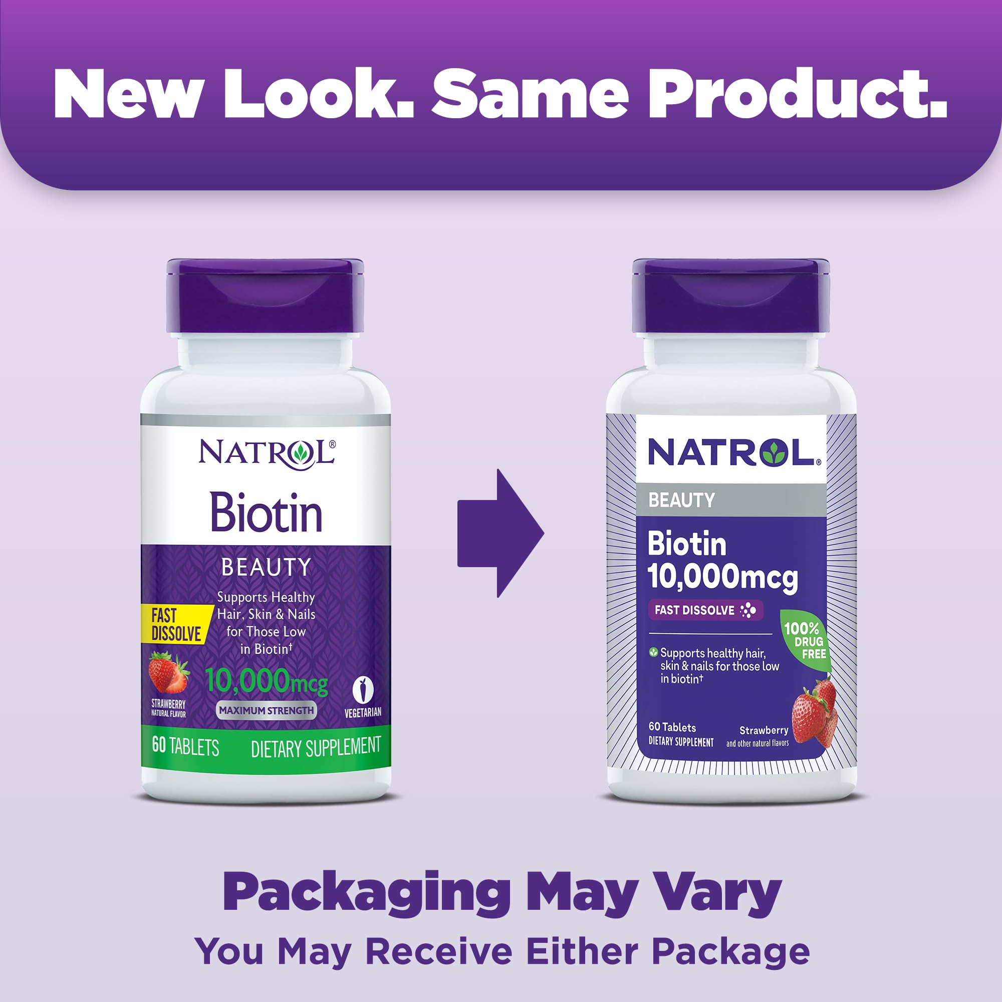Close-up of Natrol Biotin 10000mcg label highlighting strength and flavor