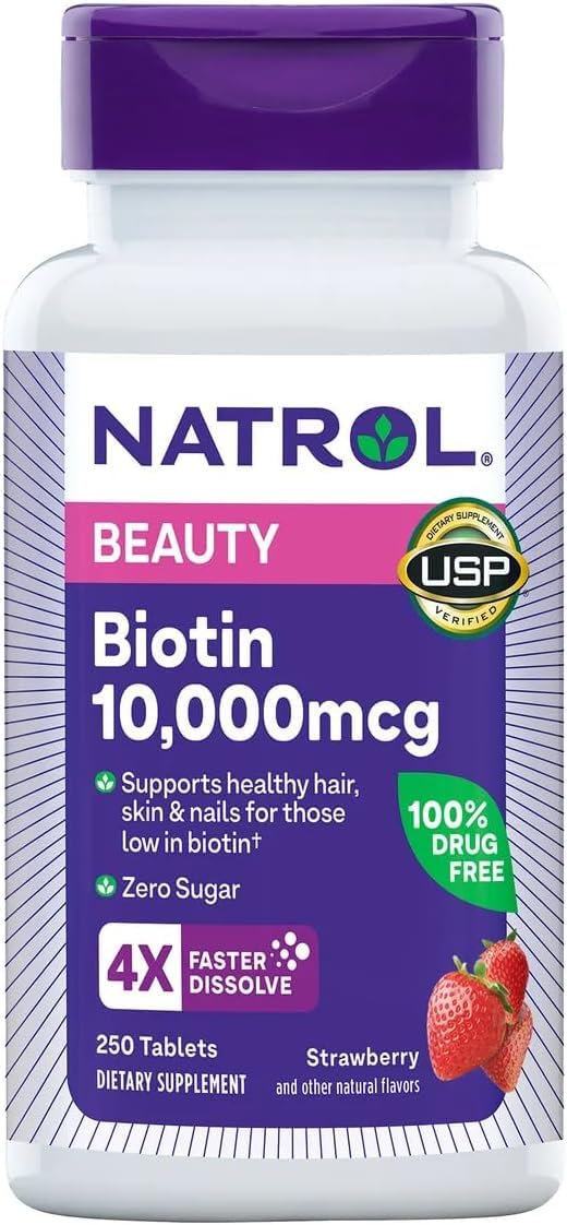Natrol Biotin Beauty 10,000 mcg fast-dissolve tablets packaging highlighting vegetarian formula.