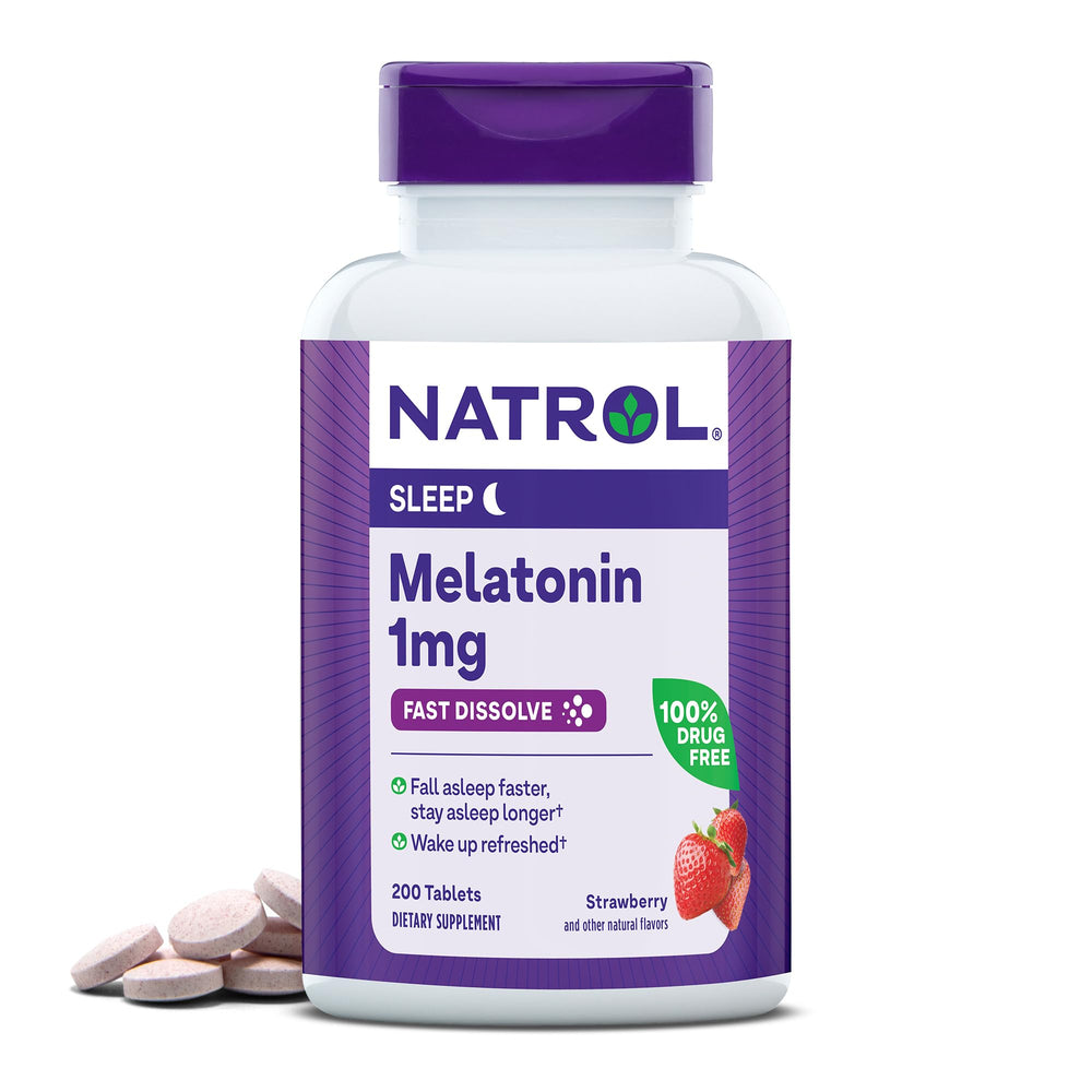 Natrol fast-dissolve melatonin 1mg bottle ready for bedtime routine.
