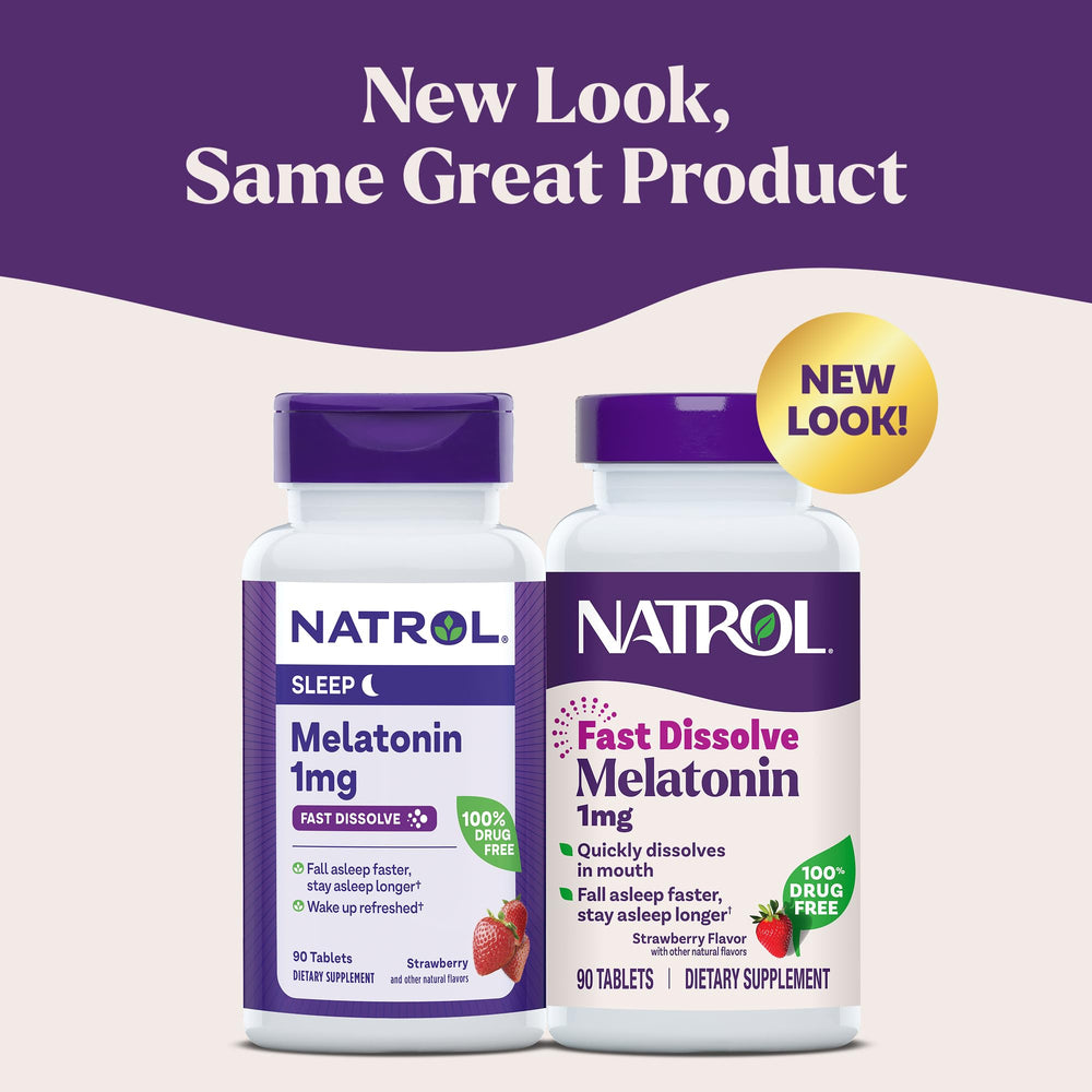 Natrol melatonin strawberry-flavored tablet close-up for easy bedtime use.