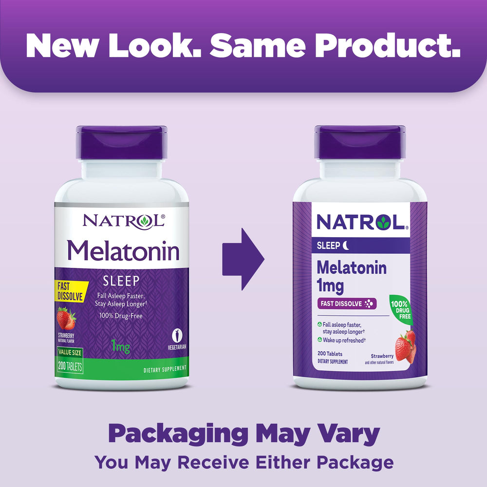 Natrol fast-dissolve melatonin 1mg tablets front view.