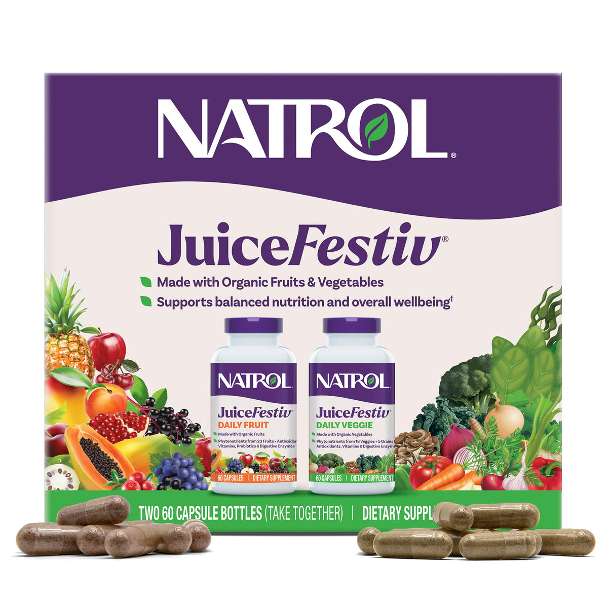 Natrol JuiceFestiv fruit and veggie capsules in a bottle for daily nutrition and balanced wellness.
