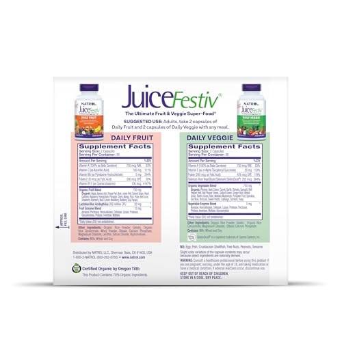 Natrol JuiceFestiv easy-to-swallow capsules ready to accompany meals and snacks.