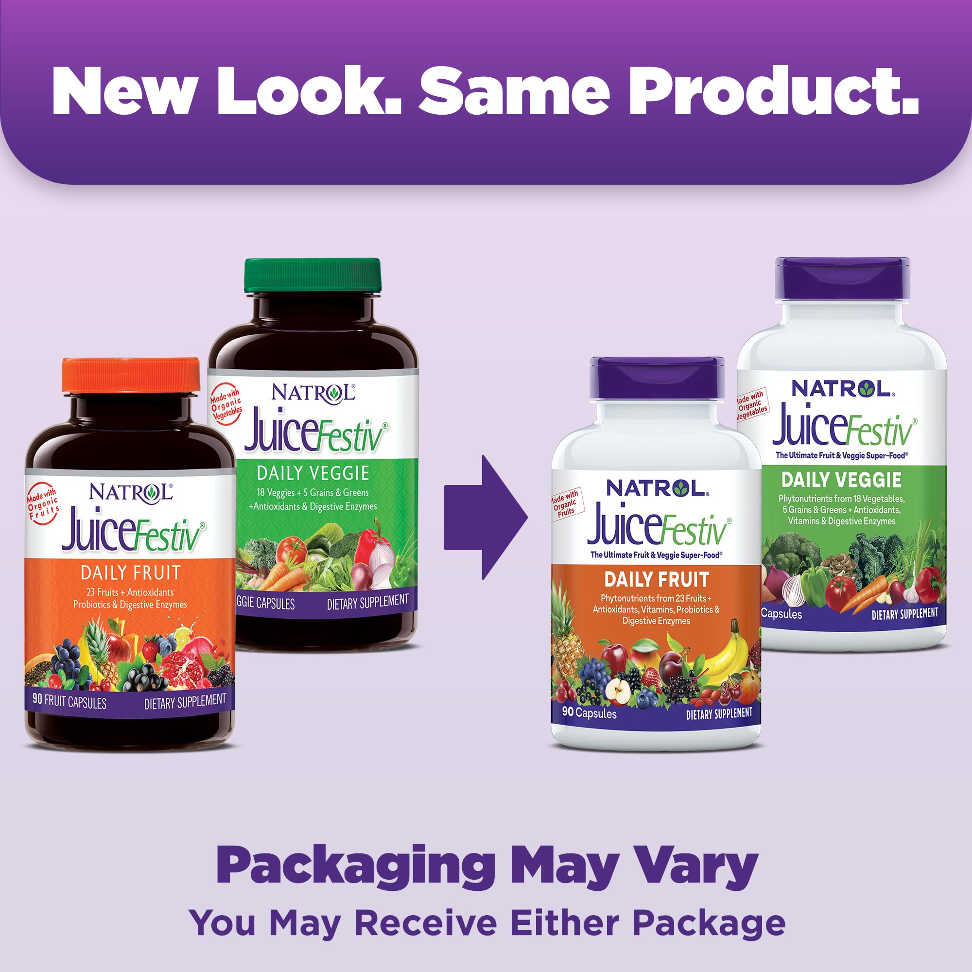 Natrol JuiceFestiv organic fruits and vegetables with probiotics for digestion.