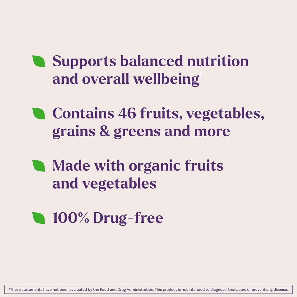 Natrol JuiceFestiv bottle label highlighting antioxidants and colorful fruits like goji and spirulina.