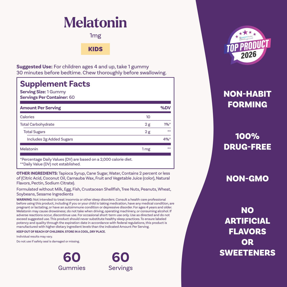 Natrol Kids Melatonin 1mg per gummy illustrating precise dosage for kids.