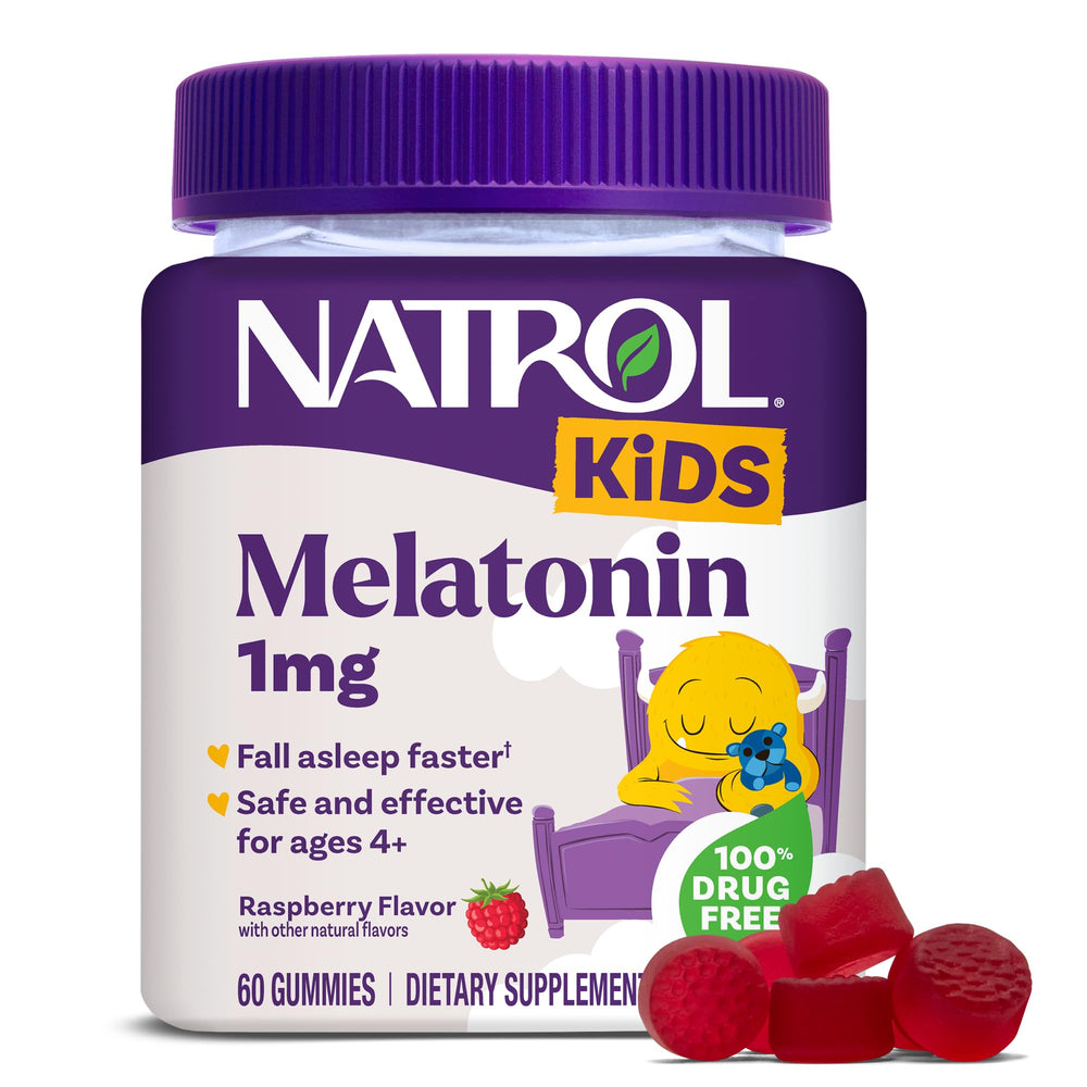Natrol Kids Melatonin bottle with raspberry gummies for gentle, restorative sleep support.