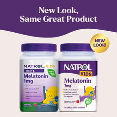 Natrol Kids Melatonin Raspberry Gummies closeup shows a 1 mg dose for gentle sleep support.
