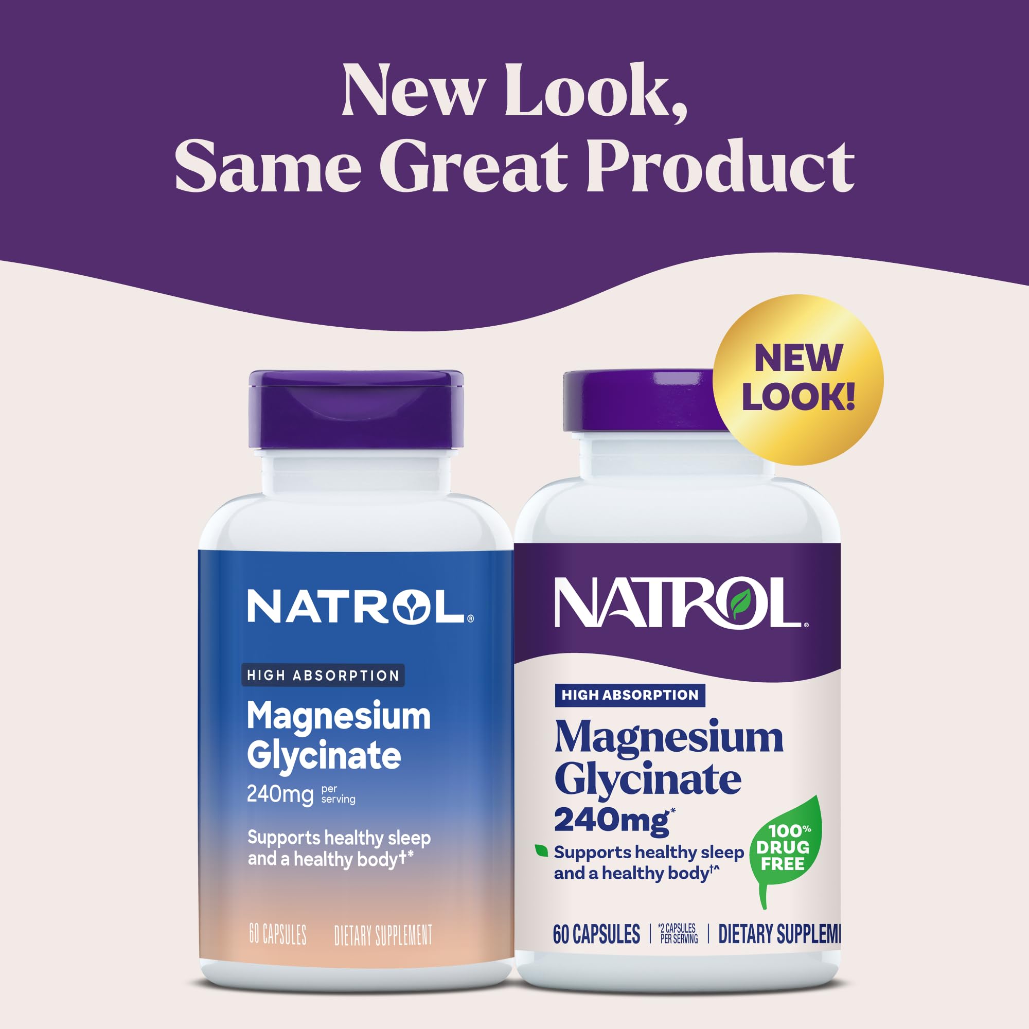 Natrol capsules closeup showing gentle stomach-friendly magnesium glycinate
