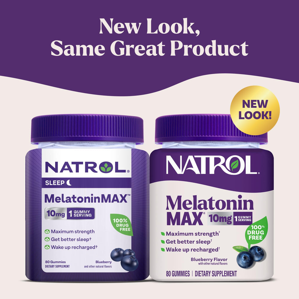 Close-up of Natrol Melatonin 10mg blueberry gummies highlighting flavorful sleep aid.