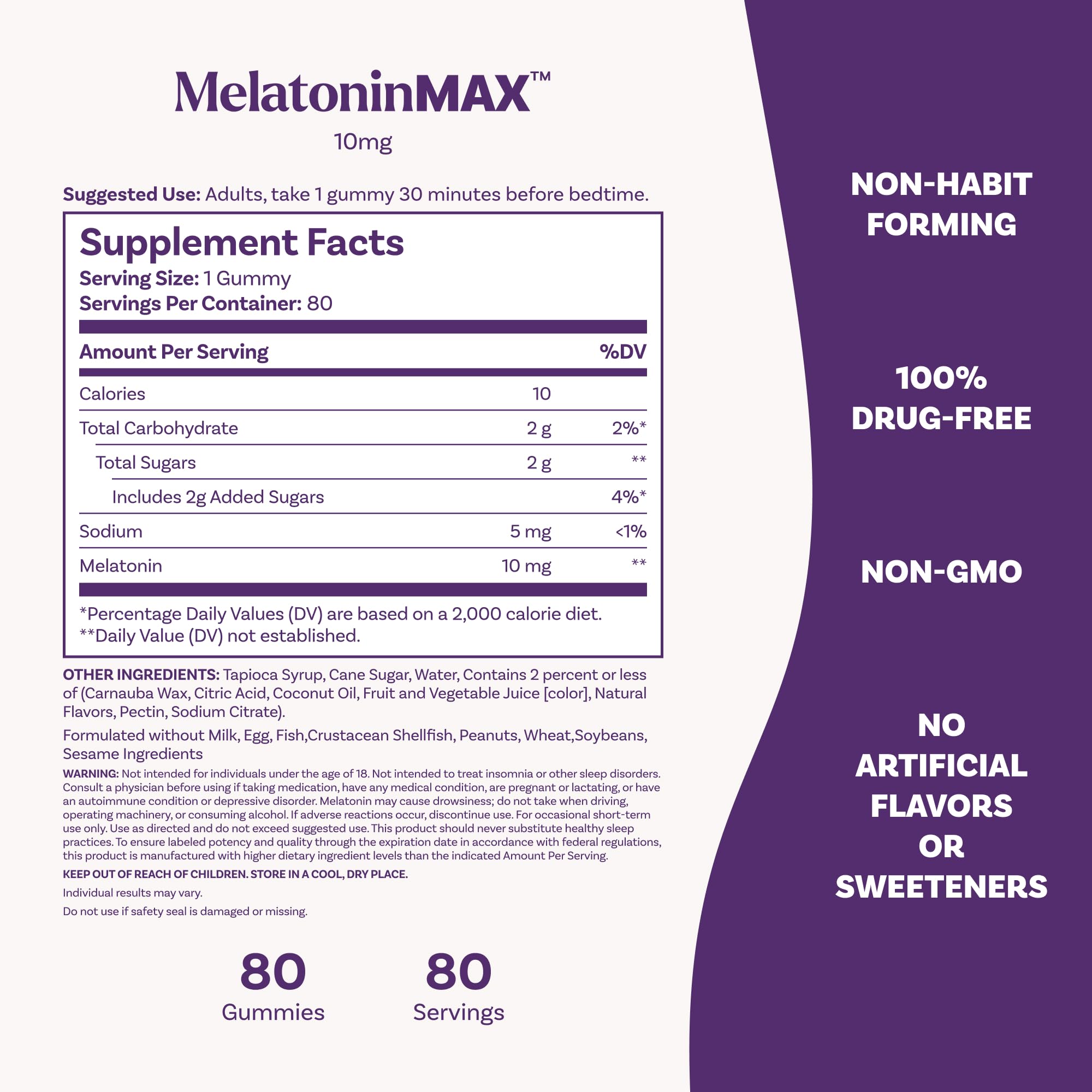 80-count Natrol Melatonin 10mg bottle with drug-free sleep support messaging.