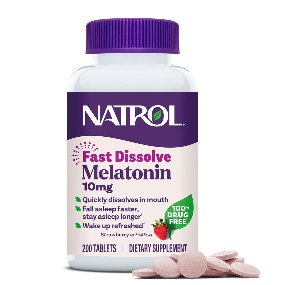 Natrol melatonin 10mg fast dissolve bottle for adults, convenient sleep support.