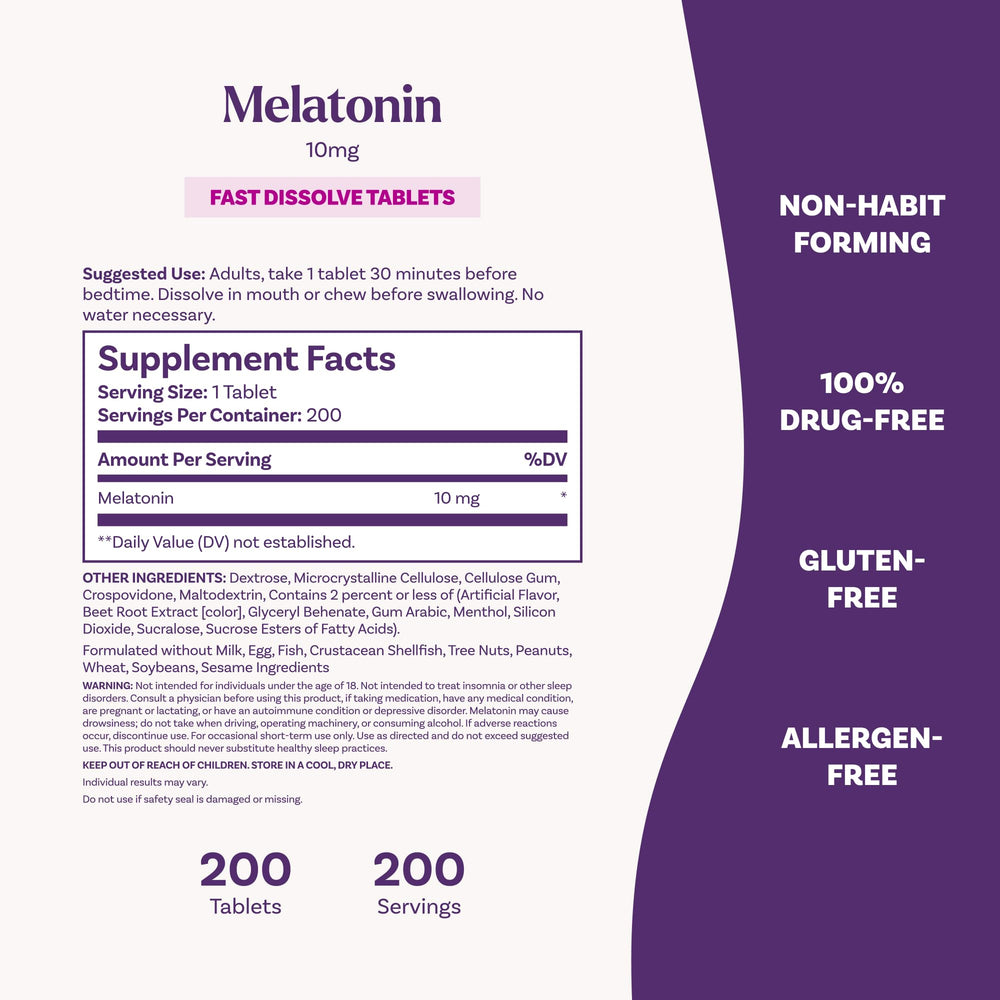 Natrol melatonin bottle beside a nighttime nightstand scene.